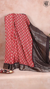 Red and Black Leaf Patterned Ajrakh Munga Handloom Cotton Saree